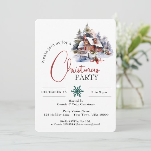 WATERVERF HUIS IN SNEEUW, KERSTFEEST KAART (Staand voorkant)