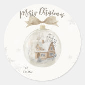 Waterverf Huis in Sneeuw Wereldbol Kerst Ronde Sticker (Voorkant)
