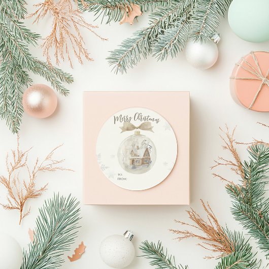 Waterverf Huis in Sneeuw Wereldbol Kerst Ronde Sticker