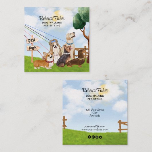 Waterverf Huisdier Zitten, Hond Wandelen, Grooming Vierkante Visitekaartje (Voorkant / Achterkant)