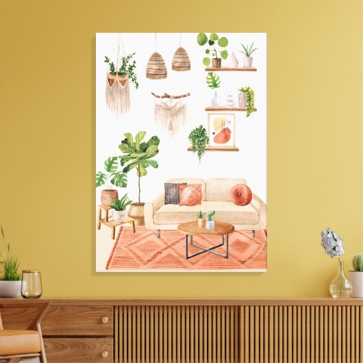 Waterverf Huisplanten in Boheemse stijl huis Canvas Afdruk (Insitu (Woonkamer))