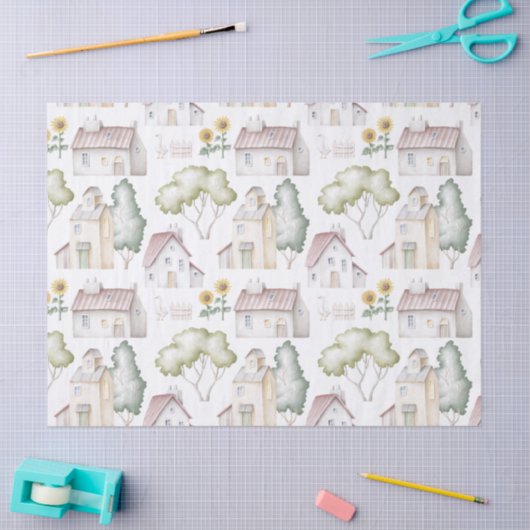 Waterverf huizen, bomen en zonnebloemen ontkoppele tissuepapier (Craft)