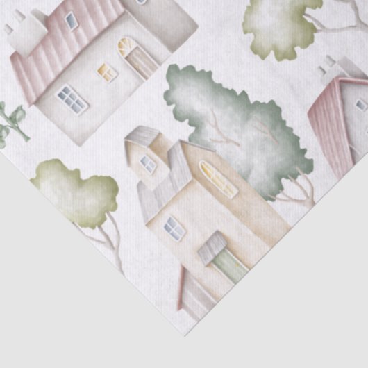 Waterverf huizen, bomen en zonnebloemen ontkoppele tissuepapier (Detail)