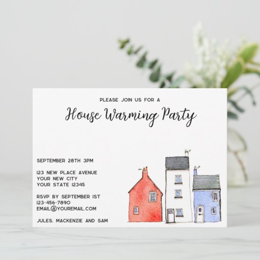 Waterverf Huizen Huis Warming Party Kaart (Staand voorkant)