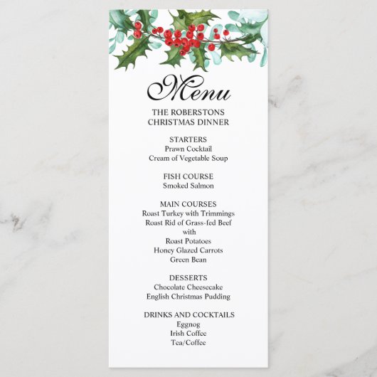 Waterverf Hulst en Bessen Kerstfeest Menu (Voorkant)