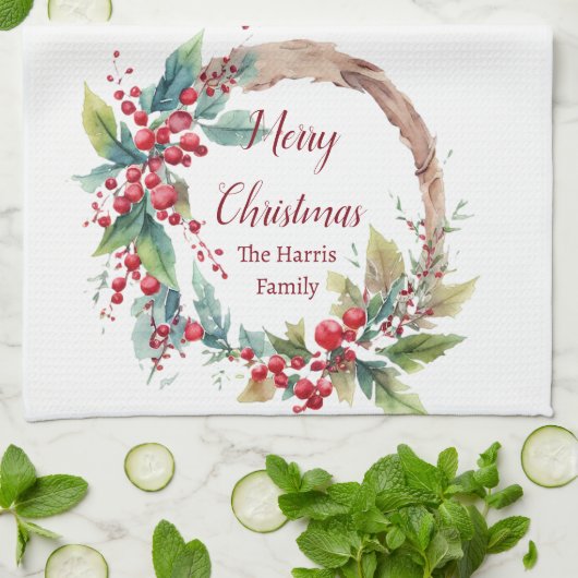 Waterverf hulst krans gepersonaliseerd Kerstmis Theedoek (Gevouwen)