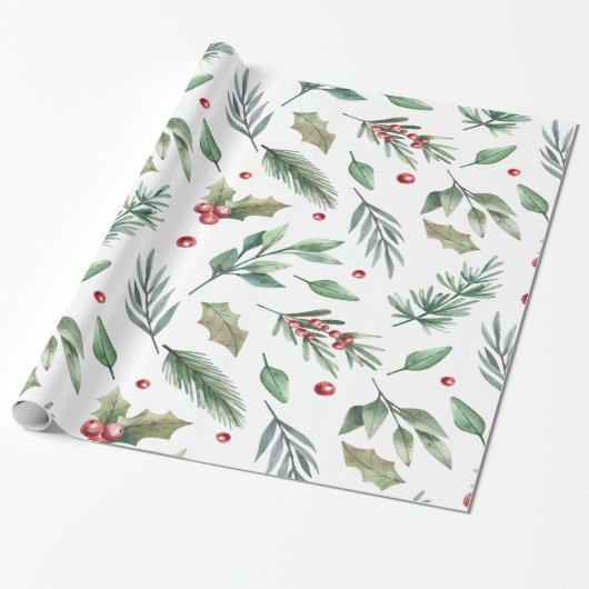 Waterverf Hulstbes Groen Cadeaupapier (Uitgerold)