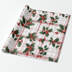 Waterverf Hulstbes Plaid Kerstmis Cadeaupapier