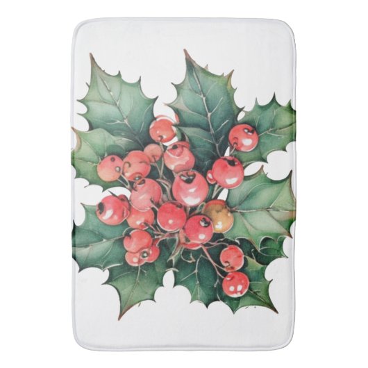  waterverf hulstbessen bladeren badmat (Voorkant Verticaal)