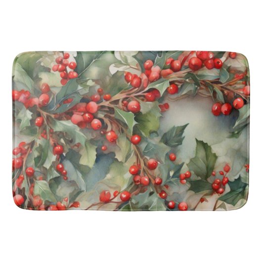  waterverf hulstbessen bladeren badmat (Voorkant)