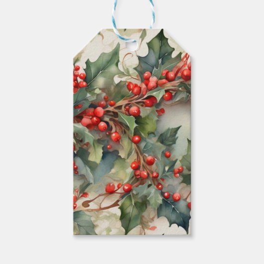  waterverf hulstbessen bladeren cadeaulabel (Voorkant)