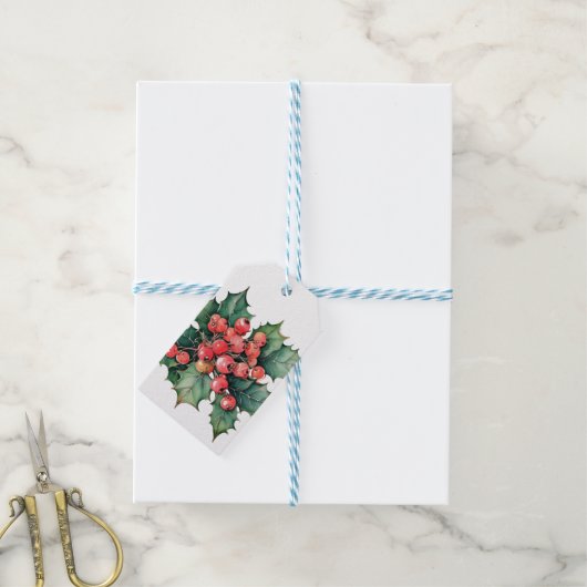 waterverf hulstbessen bladeren cadeaulabel (Met Touw)