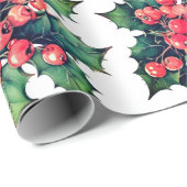 waterverf hulstbessen bladeren cadeaupapier (Rol Hoek)