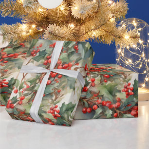 waterverf hulstbessen bladeren cadeaupapier