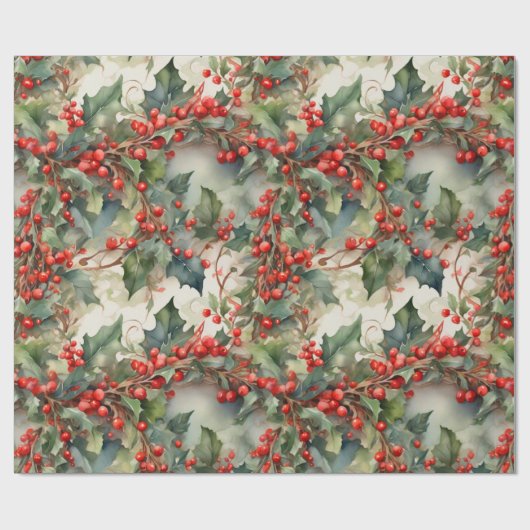 waterverf hulstbessen bladeren cadeaupapier (Vlak)