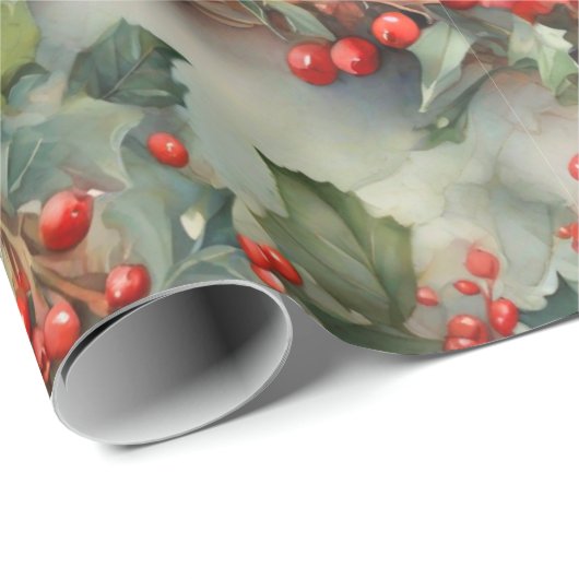  waterverf hulstbessen bladeren cadeaupapier (Rol Hoek)