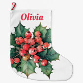  waterverf hulstbessen bladeren grote kerstsok (Voorkant)