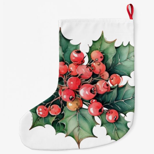  waterverf hulstbessen bladeren grote kerstsok (Achterkant)