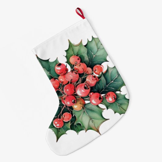  waterverf hulstbessen bladeren grote kerstsok (Achterkant (Hangend))