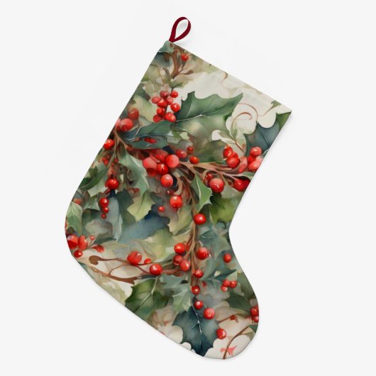  waterverf hulstbessen bladeren grote kerstsok (Voorkant (Hangend))