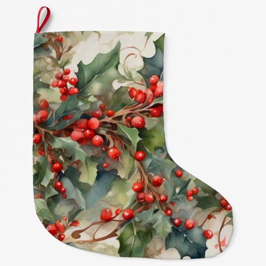 waterverf hulstbessen bladeren grote kerstsok (Voorkant)