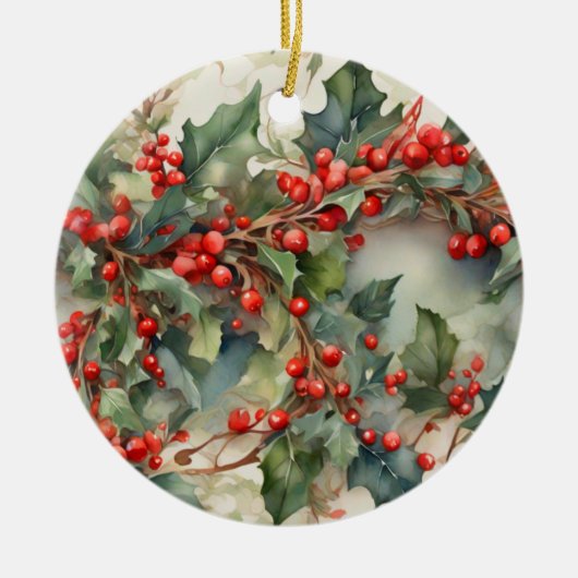  waterverf hulstbessen bladeren keramisch ornament (Voorkant)