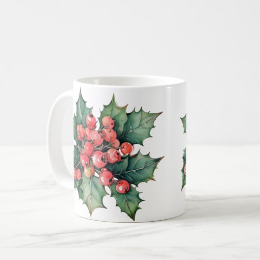  waterverf hulstbessen bladeren koffiemok (Voorkant links)