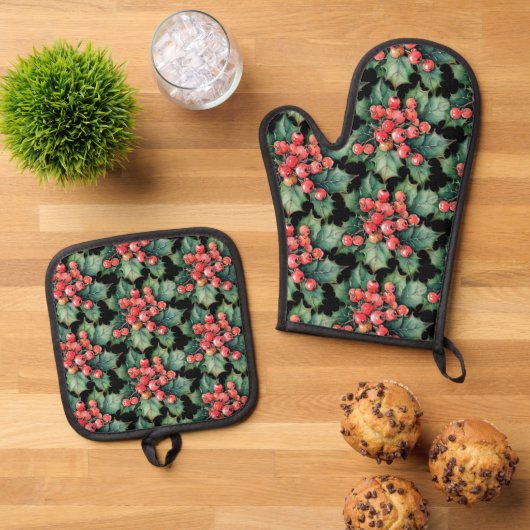  waterverf hulstbessen bladeren ovenwant & pannenlap set (Top down)