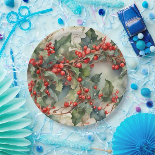 waterverf hulstbessen bladeren papieren bordje (Feest)