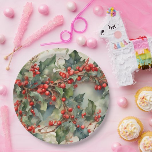 waterverf hulstbessen bladeren papieren bordje (Feest)