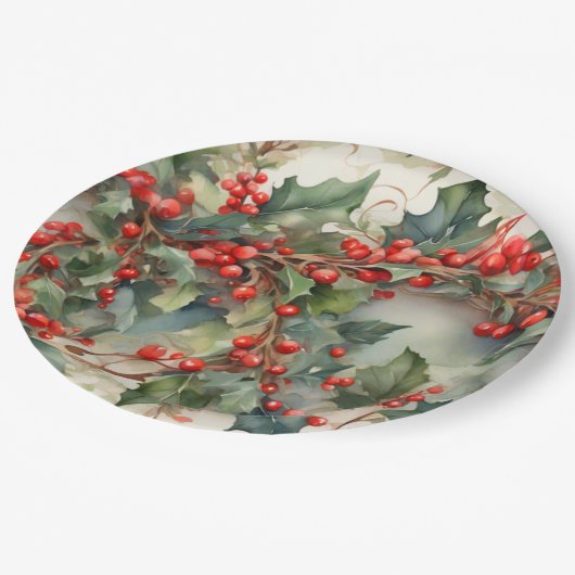 waterverf hulstbessen bladeren papieren bordje (Gekanteld)