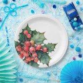 waterverf hulstbessen bladeren papieren bordje (Feest)
