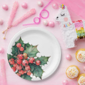 waterverf hulstbessen bladeren papieren bordje (Feest)