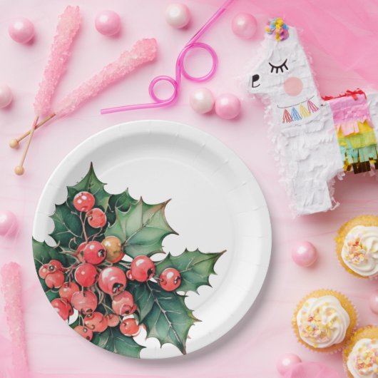 waterverf hulstbessen bladeren papieren bordje (Feest)
