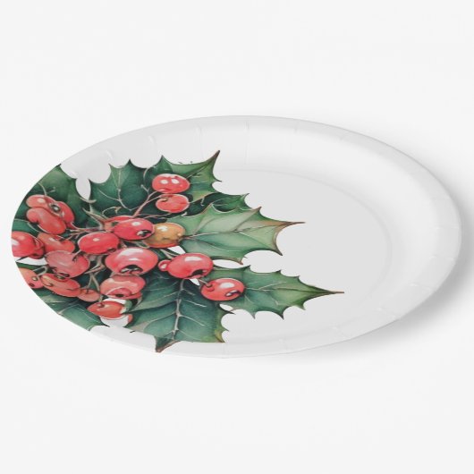 waterverf hulstbessen bladeren papieren bordje (Gekanteld)