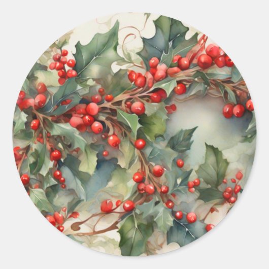  waterverf hulstbessen bladeren ronde sticker (Voorkant)