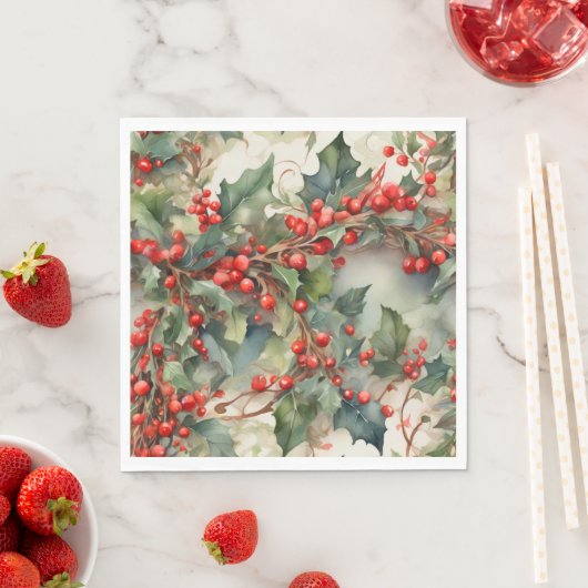  waterverf hulstbessen bladeren servet (Insitu)