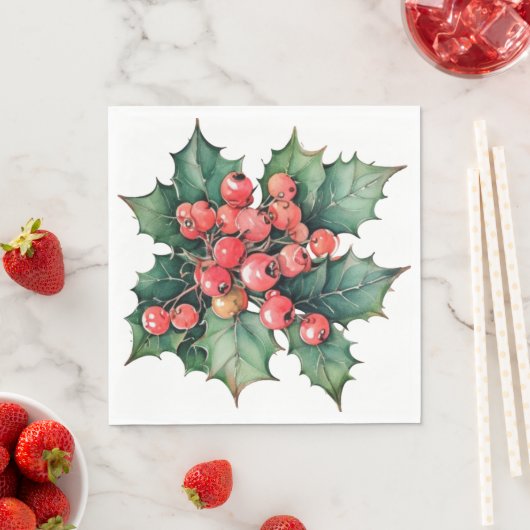  waterverf hulstbessen bladeren servet (Insitu)