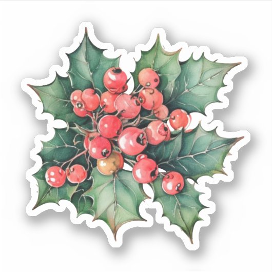  waterverf hulstbessen bladeren sticker (Voorkant)