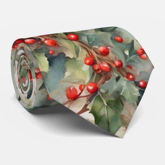  waterverf hulstbessen bladeren stropdas (Opgerold)
