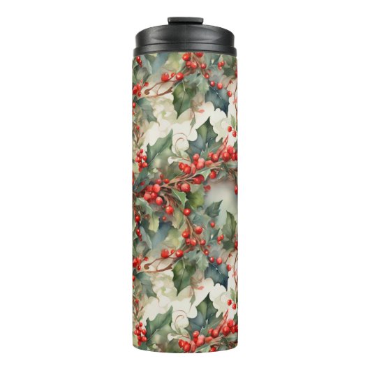  waterverf hulstbessen bladeren thermosbeker (Voorkant)