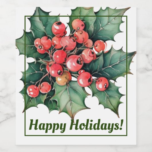 waterverf hulstbessen bladeren wijn etiket (Enkel label)