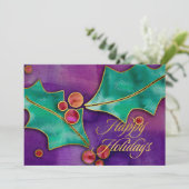 Waterverf Hulstbessen Paars Groen Rood Kerstfeest Feestdagenkaart (Staand voorkant)