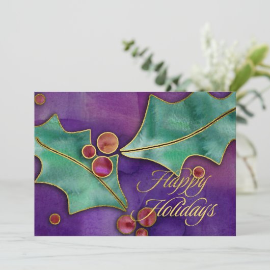 Waterverf Hulstbessen Paars Groen Rood Kerstfeest Feestdagenkaart (Staand voorkant)