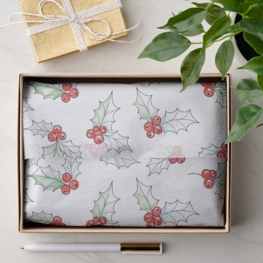 Waterverf Hulstblaadjes en Rode Bessen Kerstmis Tissuepapier (Geschenk)