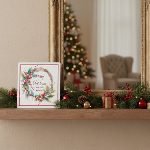 Waterverf hulstkrans gepersonaliseerd Kerstmis Fotoplaat