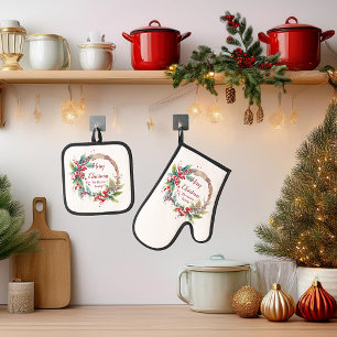 Waterverf hulstkrans gepersonaliseerd Kerstmis Ovenwant & Pannenlap Set
