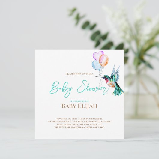 Waterverf Hummingbird and Balloons Baby shower Kaart (Staand voorkant)