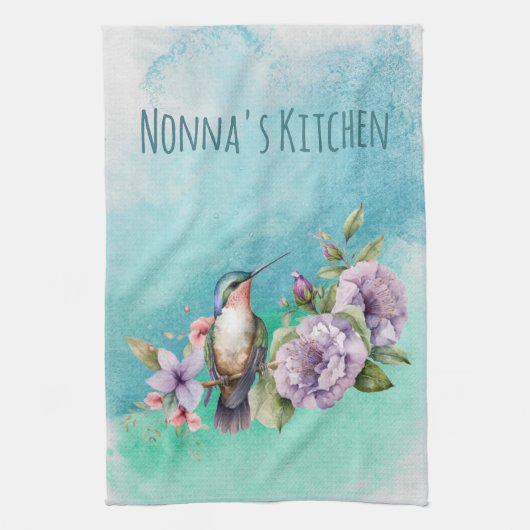 Waterverf Hummingbird and Flowers Personalized Theedoek (Verticaal)