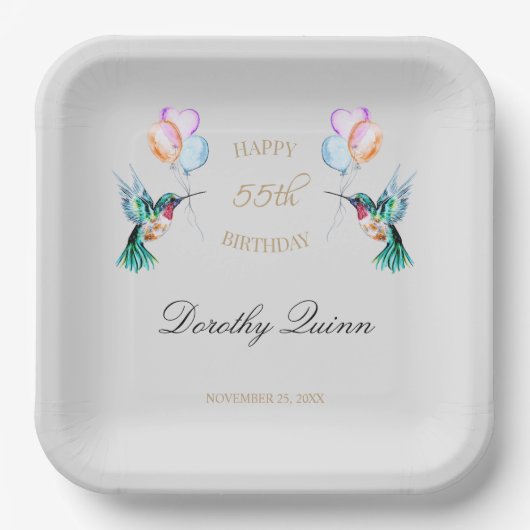 Waterverf Hummingbird Ballon Birthday Papieren Bordje (Voorkant)